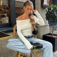 WhereMery Solid Elegant Women Off Shoulder Ribbed Crop Tops Y2K Fashion Casual Skinny Long Sleeve Tank Top Spring Tight T-shirts