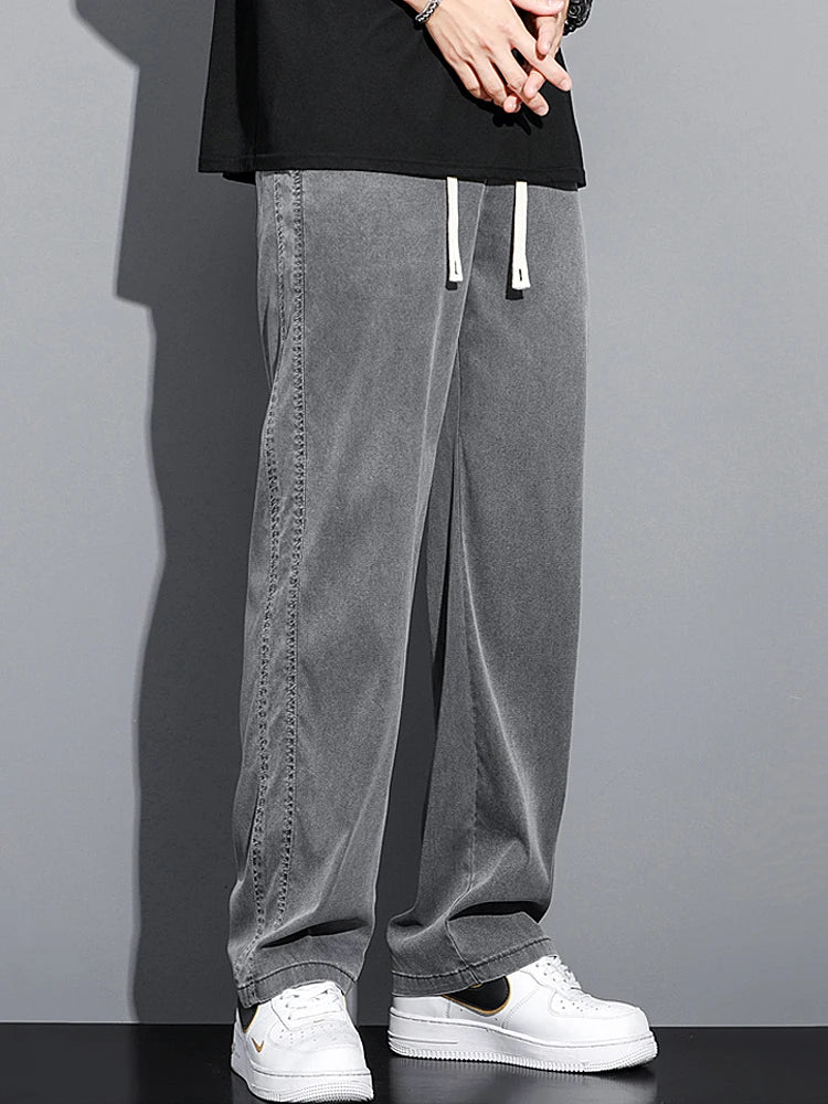 2024 Spring/Summer New Soft Lyocell Fabric Men's Jeans Thin Loose Straight Leg PantsDrawstring Elastic Waist Korean casual pants