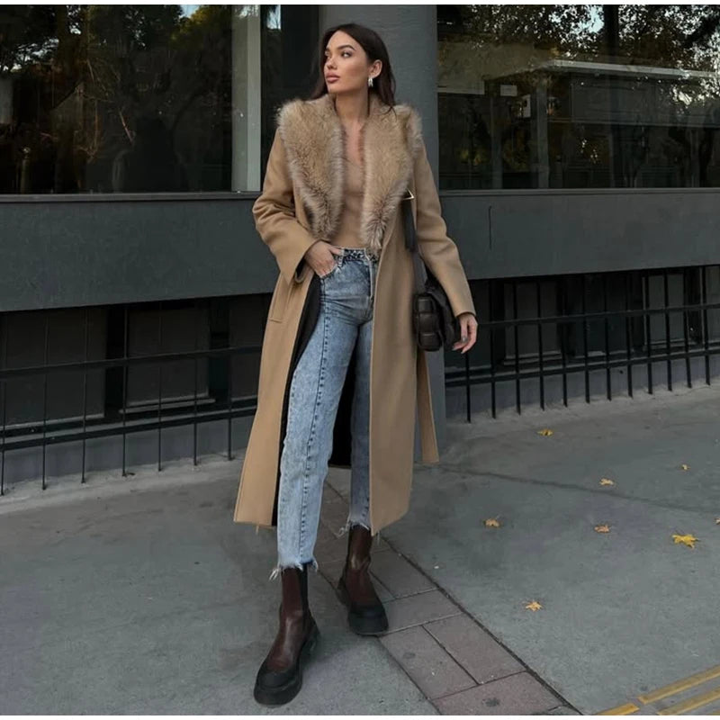 Elegant Fur Lapel Maxi Coats Women Lace Up Full Sleeve Pocket Wool Long Overcoats 2024 Winter New Lady High Street Outwear