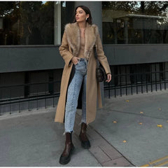 Elegant Fur Lapel Maxi Coats Women Lace Up Full Sleeve Pocket Wool Long Overcoats 2024 Winter New Lady High Street Outwear