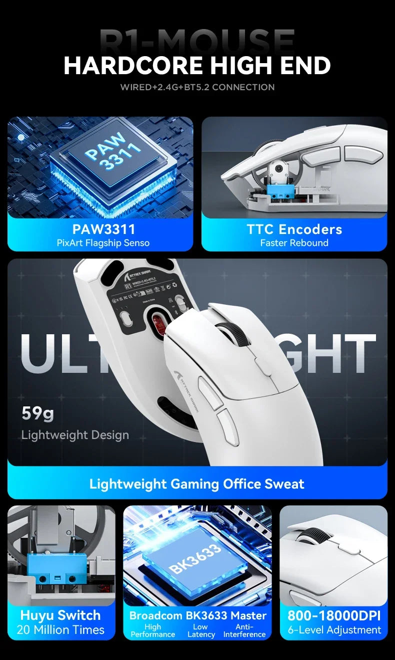 Attack Shark R1 18000dpi Wireless Bluetooth Mouse, Ultra Lightweight Ergonomic Design Mouse, PAW3311 Macro Gaming Mouse