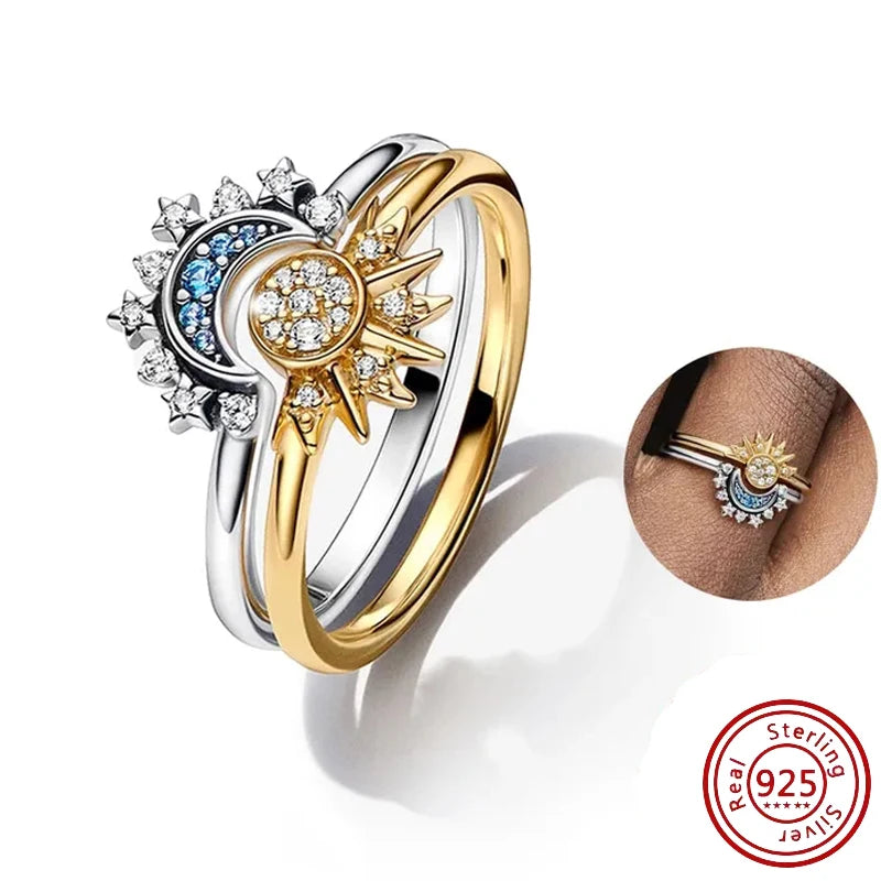 New Hot 925 Silver Crown Sparkling Rings Sun Moon Celestial Wishbone Women's Set Ring Wedding Diy Charm Luxury DIY Jewelry Gift