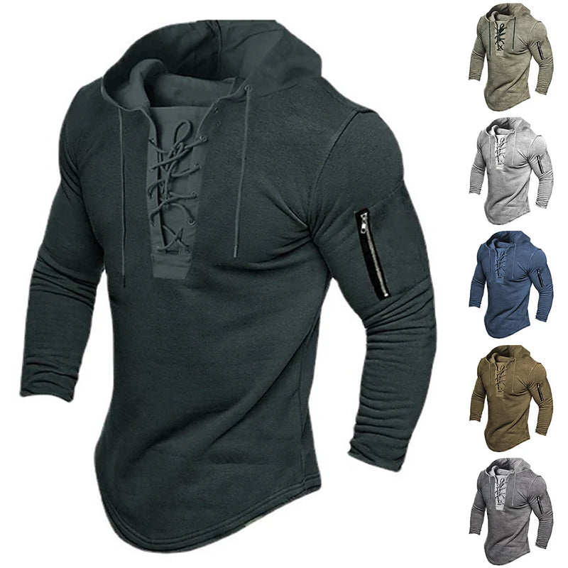 Men Pullover Sweatshirt Solid Color LaceUp Casual Zip Comfortable  Casual Vacation Sports Hoodie Slight Strech