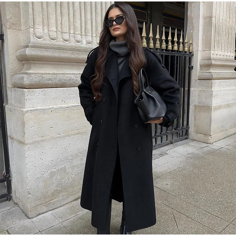 Elegant Fur Lapel Maxi Coats Women Lace Up Full Sleeve Pocket Wool Long Overcoats 2024 Winter New Lady High Street Outwear