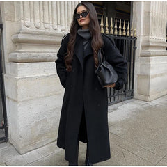 Elegant Fur Lapel Maxi Coats Women Lace Up Full Sleeve Pocket Wool Long Overcoats 2024 Winter New Lady High Street Outwear