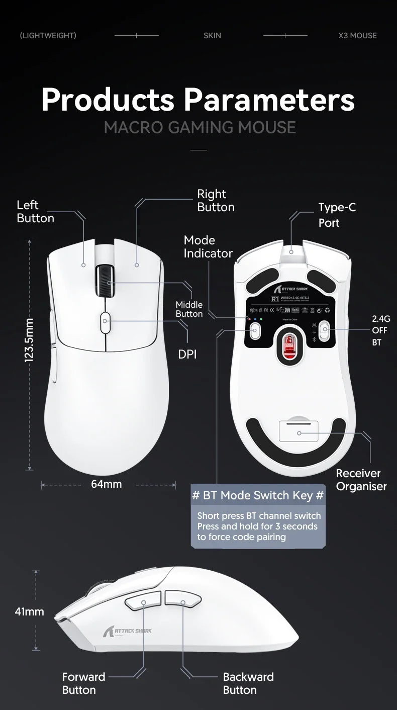 Attack Shark R1 18000dpi Wireless Bluetooth Mouse, Ultra Lightweight Ergonomic Design Mouse, PAW3311 Macro Gaming Mouse