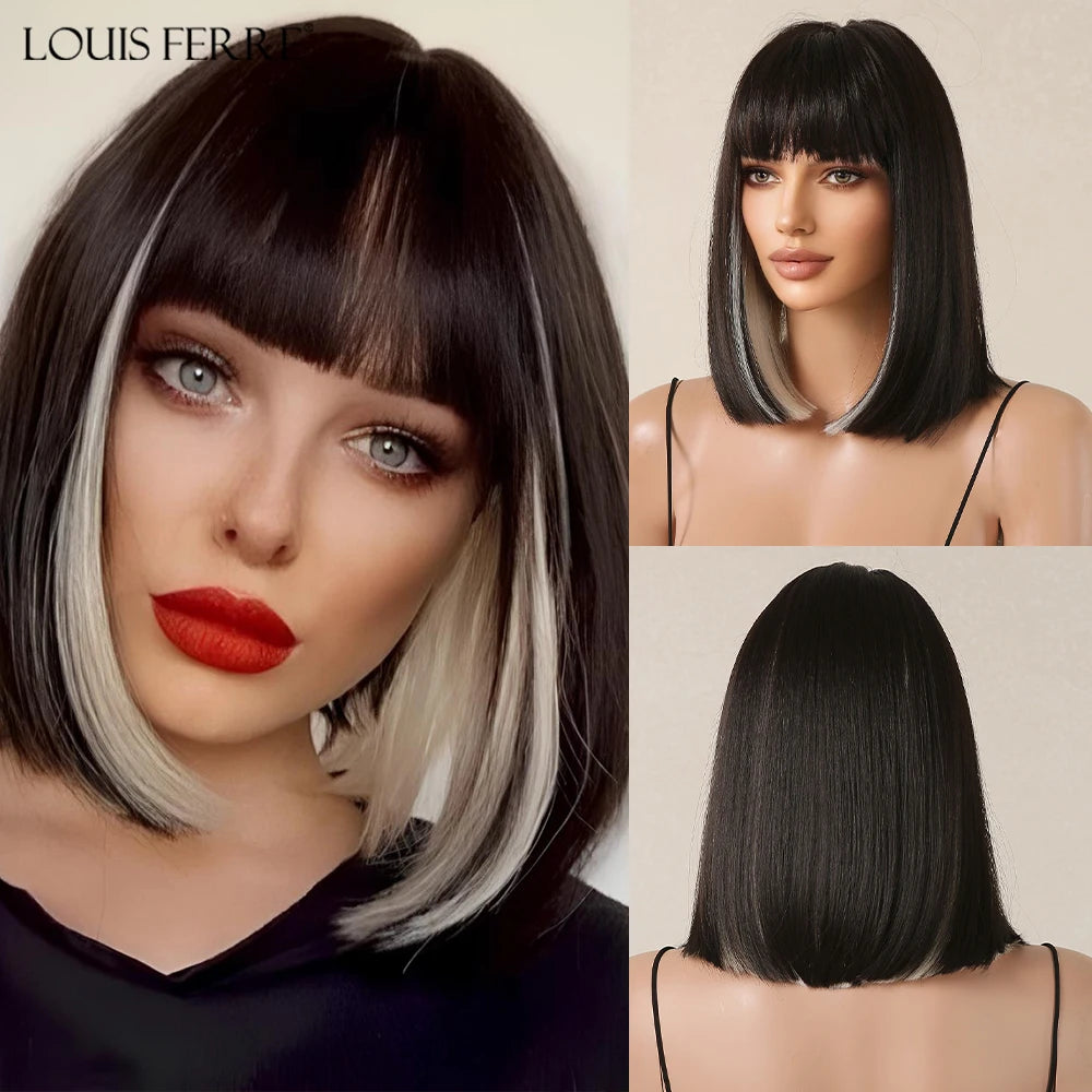 Short Straight Bob Synthetic Wigs for Women White With Black Brown Highlights Cosplay Hair With Bangs Daily Lolita Natural Wigs