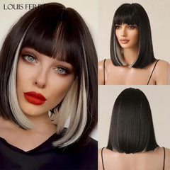 Short Straight Bob Synthetic Wigs for Women White With Black Brown Highlights Cosplay Hair With Bangs Daily Lolita Natural Wigs