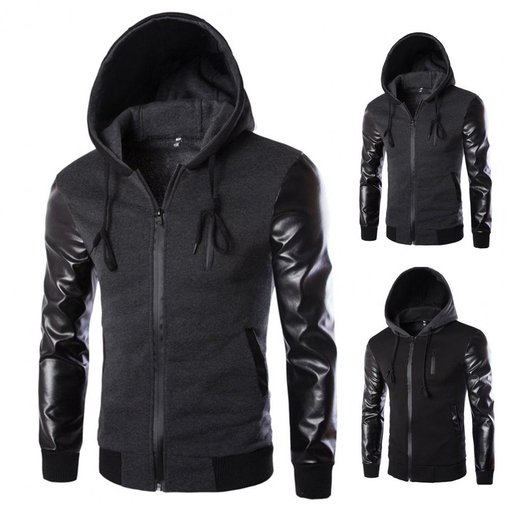 Men Jacket Faux Leather Sleeve Pockets Hoodies Sweatshirts Military Windbreaker Spring Autumn Outerwear свитер оверсайз