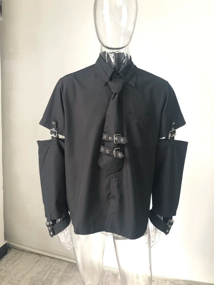 HKSH Men's Punk Darkwear High Street Nihce Design Shirts Sleeve Detachable Necktie Casual Tops Summer Spring Chic Blouse HK0006