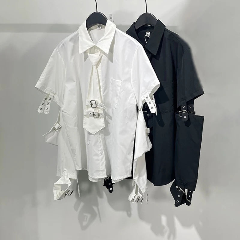 HKSH Men's Punk Darkwear High Street Nihce Design Shirts Sleeve Detachable Necktie Casual Tops Summer Spring Chic Blouse HK0006