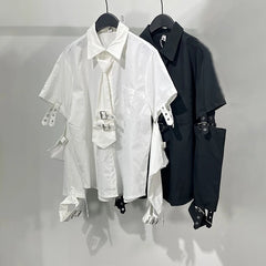 HKSH Men's Punk Darkwear High Street Nihce Design Shirts Sleeve Detachable Necktie Casual Tops Summer Spring Chic Blouse HK0006