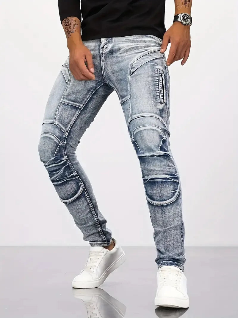 Pencil Jeans Men Ankle Length Denim Pants Washed Ripped Jeans Spliced Patchwork Pockets Slim Fit Moto Biker High Waist Man