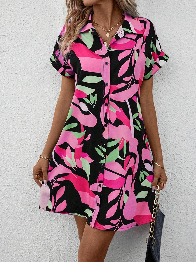 2024 New Summer Everyday Casual Women's Short-sleeved Shirt Dress Urban Fashion Single-breasted Dress 3D Printed Elegant Dress