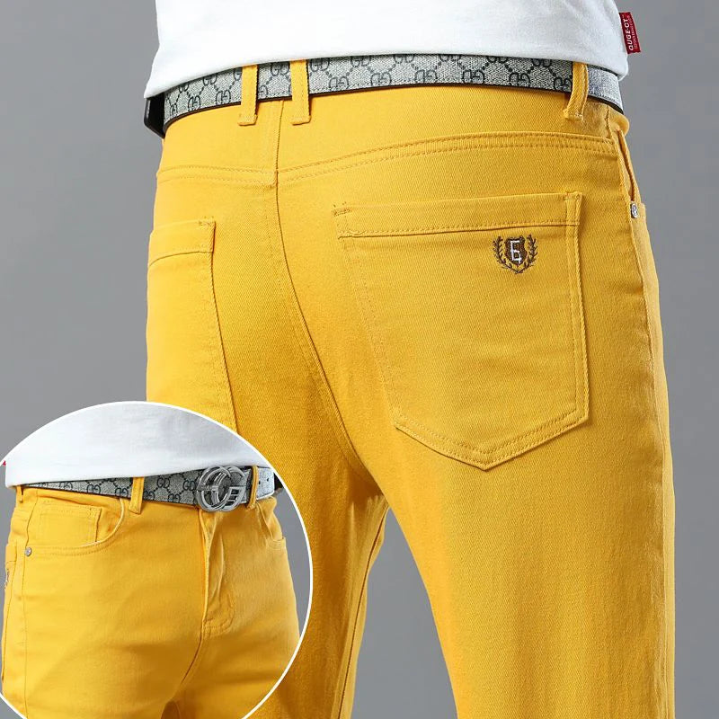 Men's Casual Stretch Skinny Jeans New Elastic Yellow Pink Red Slim Male Clothing Solid Color Simple Business Denim Trousers