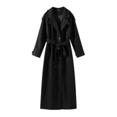 Elegant Fur Lapel Maxi Coats Women Lace Up Full Sleeve Pocket Wool Long Overcoats 2024 Winter New Lady High Street Outwear