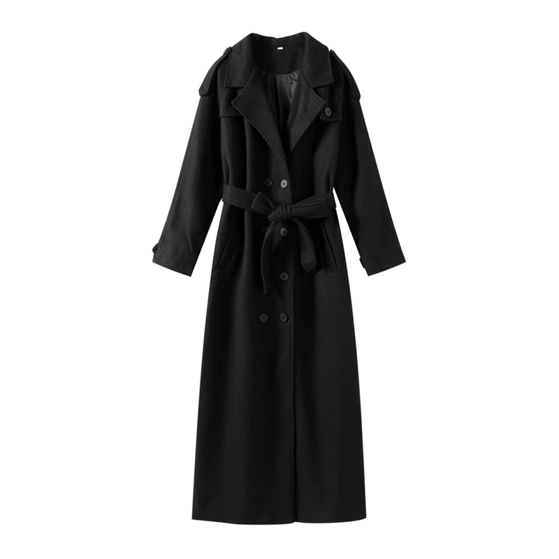 Elegant Fur Lapel Maxi Coats Women Lace Up Full Sleeve Pocket Wool Long Overcoats 2024 Winter New Lady High Street Outwear