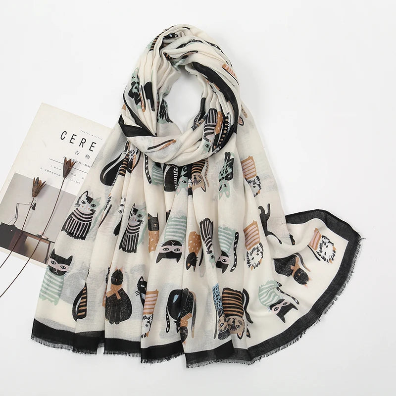 Fashion Printed Cat Fringed Shawls Women Cotton Viscose Muffler Travel Sun Protection Scarf Animal Printed Scarf 180*85cm