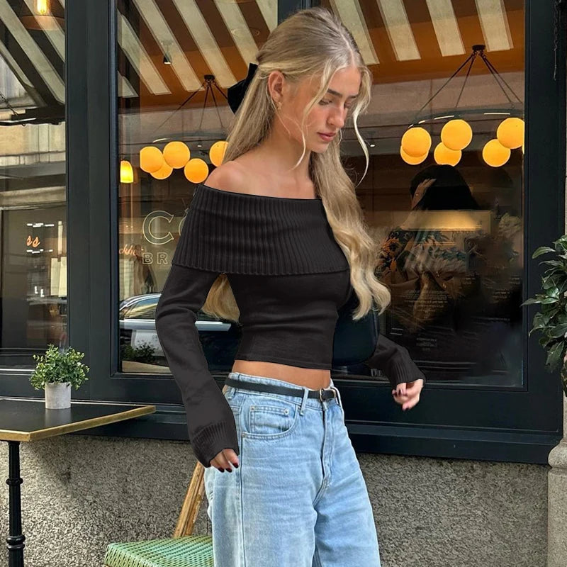 WhereMery Solid Elegant Women Off Shoulder Ribbed Crop Tops Y2K Fashion Casual Skinny Long Sleeve Tank Top Spring Tight T-shirts