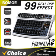 BOMGE 12-Channel Professional Audio Mixer, RCA, XLR Microphone Jack, 48V Power, 99 DSP For Professional and Beginners