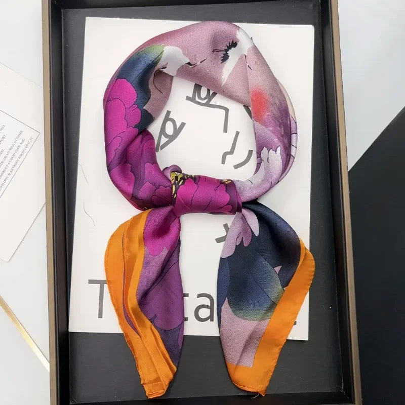 Luxury Brand 2024 Square Scarf Women Cat Neck Hair Tie Band Beach Hijab Kerchief Head Headbands Bandana Female Foulard 70cm