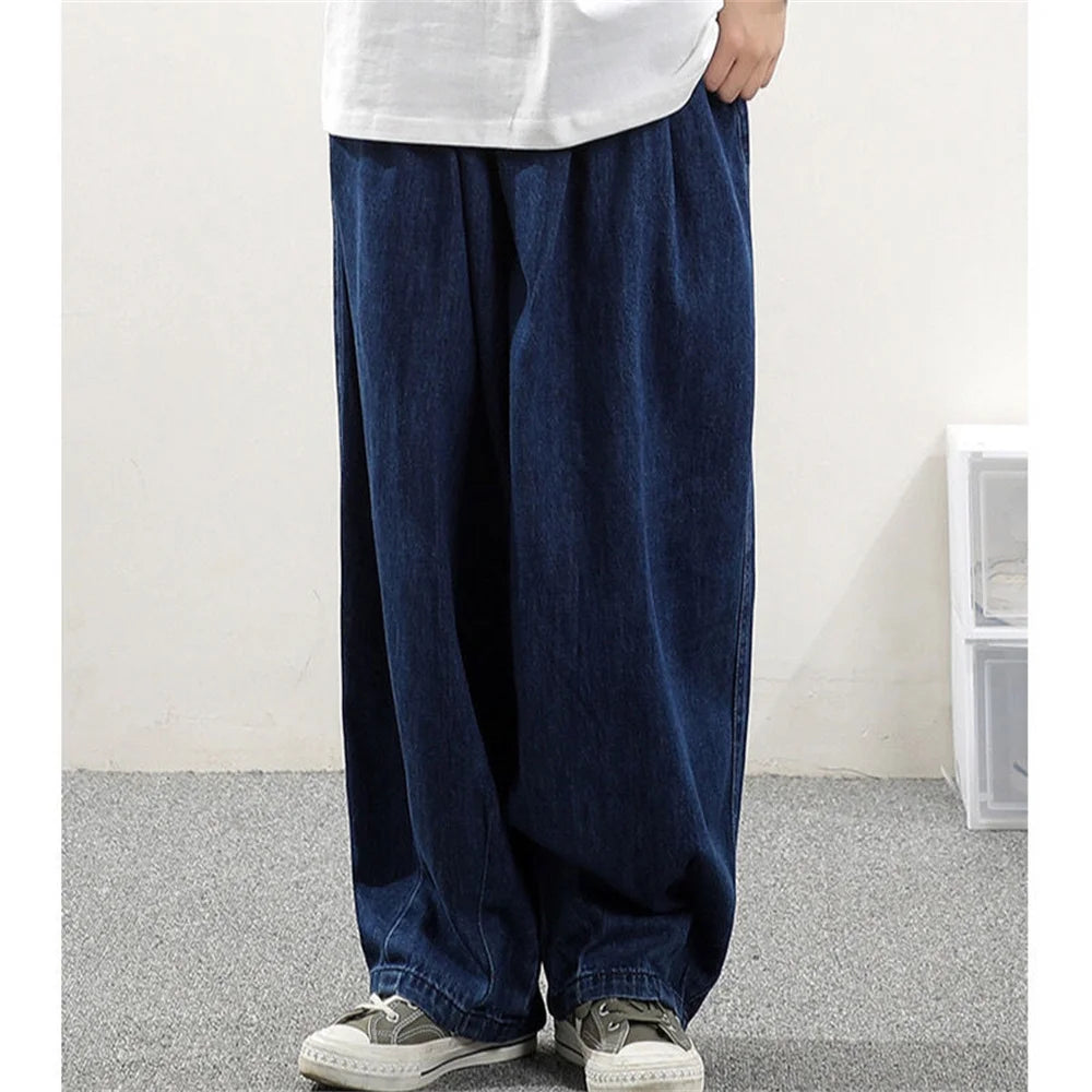 Men Wide Leg Jeans Baggy Retro Blue Japanese Simple Leisure Stylish Soft All-match Pocket Large Size S-3XL Solid New-fashion Hot
