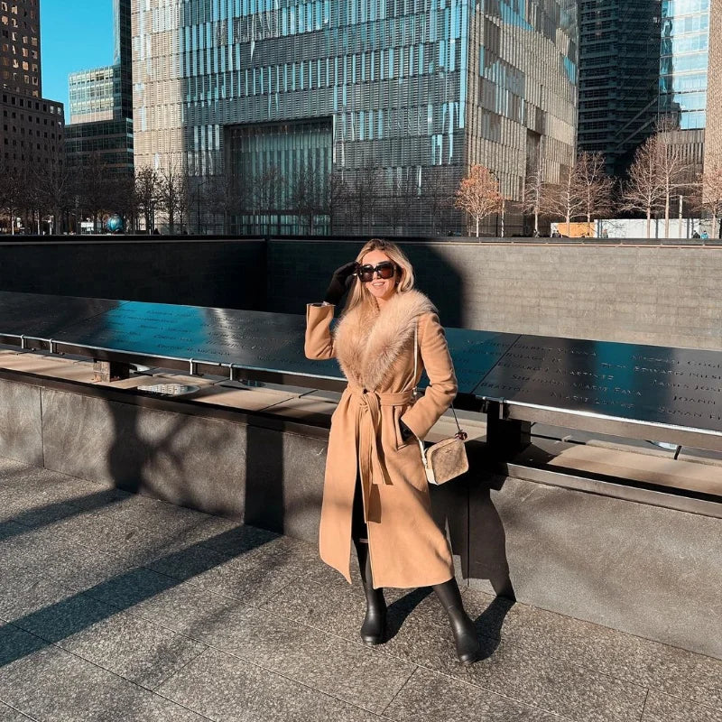 Elegant Fur Lapel Maxi Coats Women Lace Up Full Sleeve Pocket Wool Long Overcoats 2024 Winter New Lady High Street Outwear