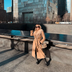 Elegant Fur Lapel Maxi Coats Women Lace Up Full Sleeve Pocket Wool Long Overcoats 2024 Winter New Lady High Street Outwear