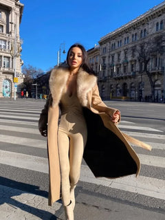 Elegant Fur Lapel Maxi Coats Women Lace Up Full Sleeve Pocket Wool Long Overcoats 2024 Winter New Lady High Street Outwear