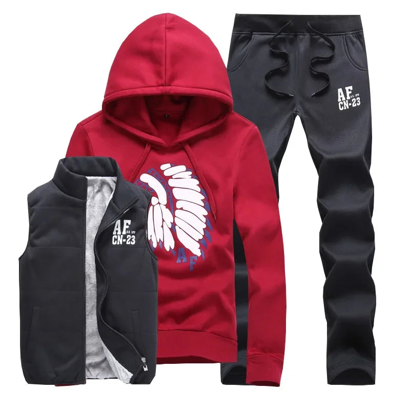 3 Pieces Set Hoodies+Vest+Pants Casual Men's Track Suit Clothing Coats Winter Thick Warm Tracksuit for Men Printed Mens Set Vest