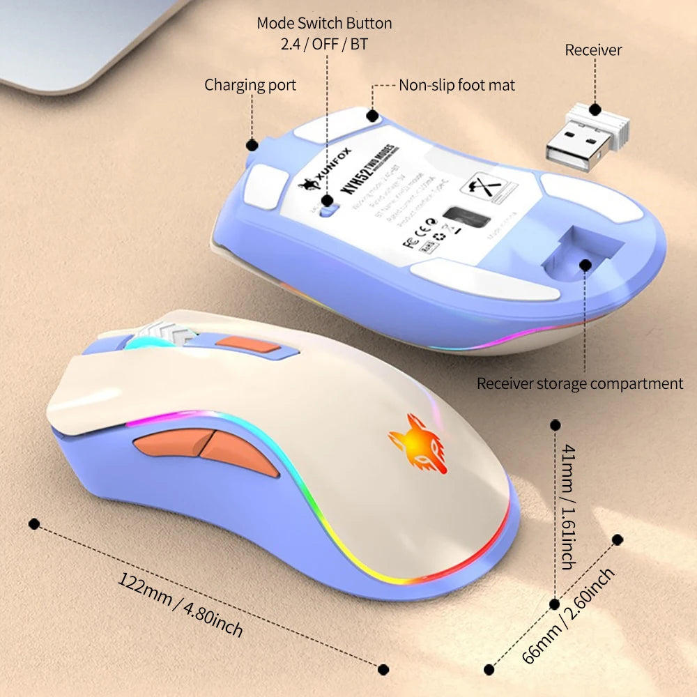 New XYH52 2.4G Wireless Bluetooth Dual-mode Mouse Colorful Backlight 3 DPI Adjustment 6-button Office Game e-sports Mouse Supply