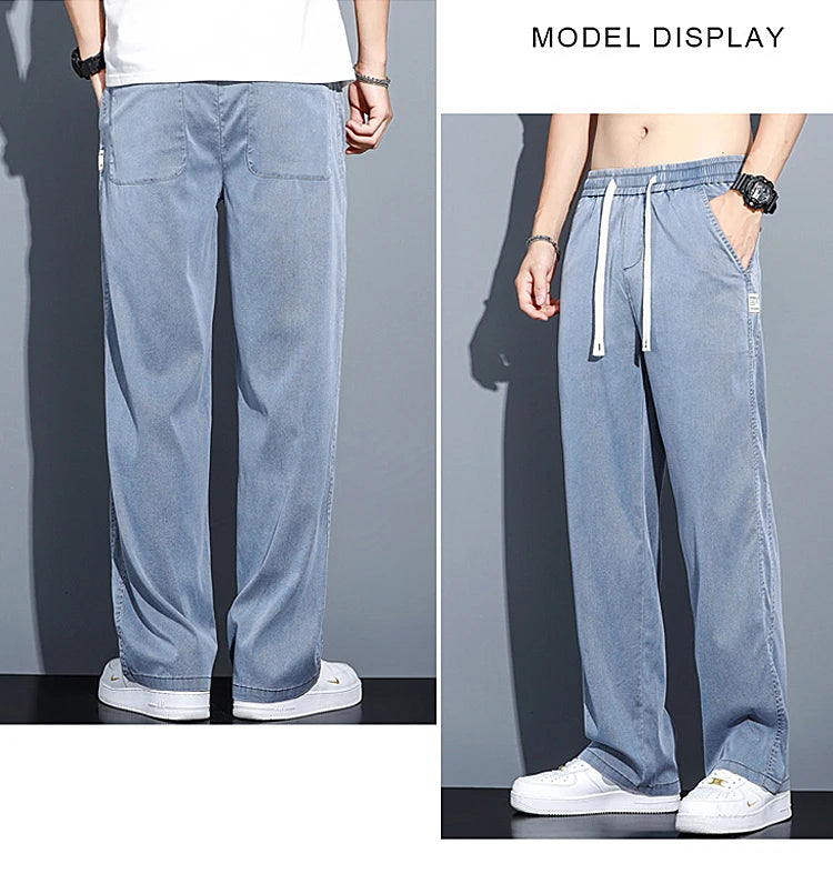 2024 Spring/Summer New Soft Lyocell Fabric Men's Jeans Thin Loose Straight Leg PantsDrawstring Elastic Waist Korean casual pants