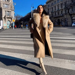 Elegant Fur Lapel Maxi Coats Women Lace Up Full Sleeve Pocket Wool Long Overcoats 2024 Winter New Lady High Street Outwear