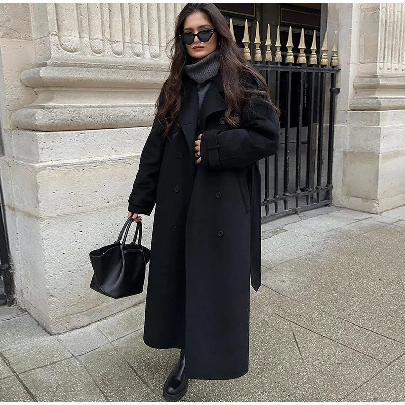 Elegant Fur Lapel Maxi Coats Women Lace Up Full Sleeve Pocket Wool Long Overcoats 2024 Winter New Lady High Street Outwear