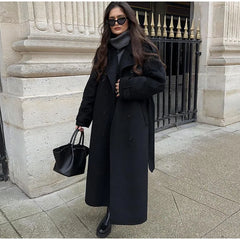 Elegant Fur Lapel Maxi Coats Women Lace Up Full Sleeve Pocket Wool Long Overcoats 2024 Winter New Lady High Street Outwear