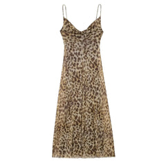 Summer Women's Sexy Vintage Leopard Print Tulle Long Dress Fashion Backless Slip Dresses Female Elegant Slim Party Maxi Dress