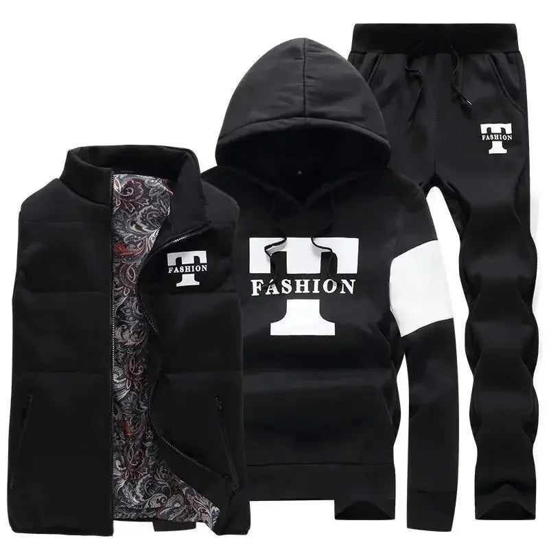 3 Pieces Set Hoodies+Vest+Pants Casual Men's Track Suit Clothing Coats Winter Thick Warm Tracksuit for Men Printed Mens Set Vest