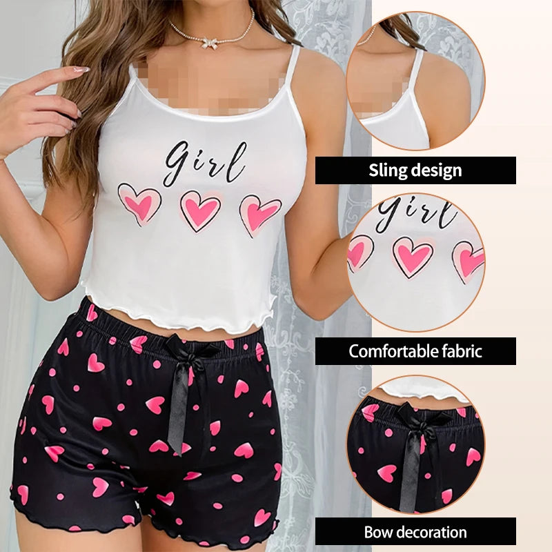 Heart-Shaped Printed Patterns Paired with Sleeveless Round Neck Suspender Top and Casual Home Shorts for Women's Pajama Set