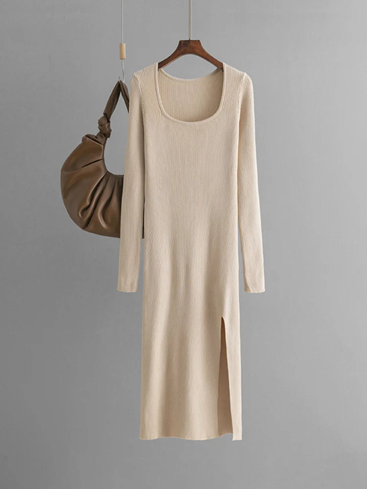 Women Knitted Dress With Side Slit Long Sleeve Solid Elegant Dresses For Ladies Light Blue Big Collar Skinny Long Dresses Autumn