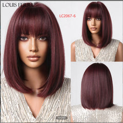 Short Straight Bob Synthetic Wigs for Women White With Black Brown Highlights Cosplay Hair With Bangs Daily Lolita Natural Wigs