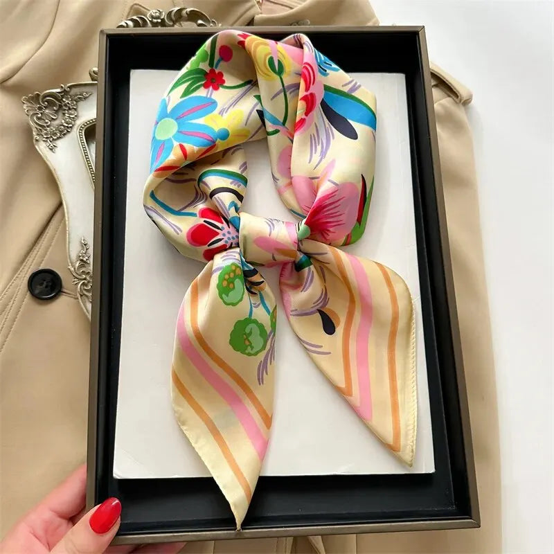 Luxury Print Silk Feeling Square Scarf Women Spring Neck Tie Shawl Wraps Female 70cm Hair Hand Wrist Headkercheif Hijab Bandana