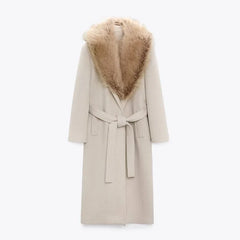 Elegant Fur Lapel Maxi Coats Women Lace Up Full Sleeve Pocket Wool Long Overcoats 2024 Winter New Lady High Street Outwear