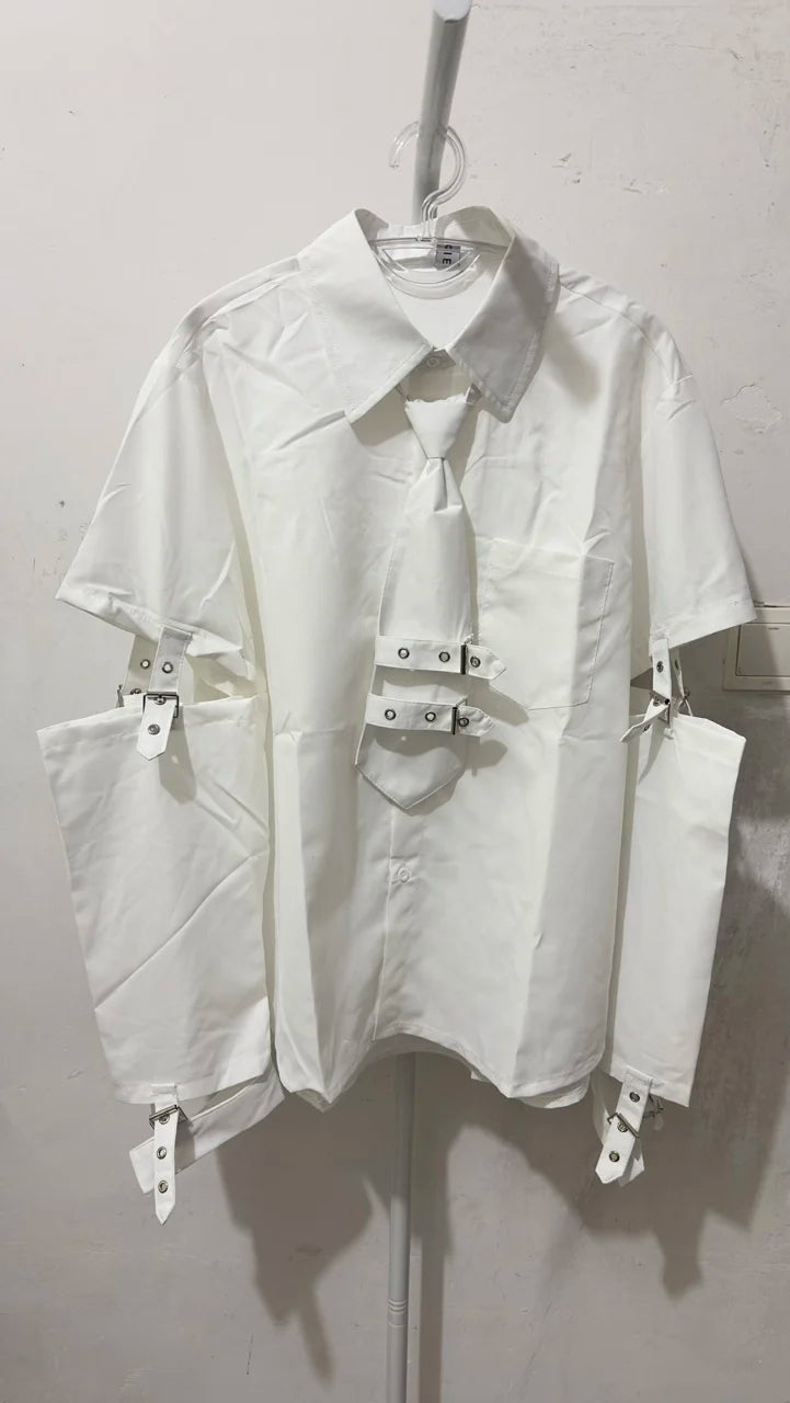 HKSH Men's Punk Darkwear High Street Nihce Design Shirts Sleeve Detachable Necktie Casual Tops Summer Spring Chic Blouse HK0006