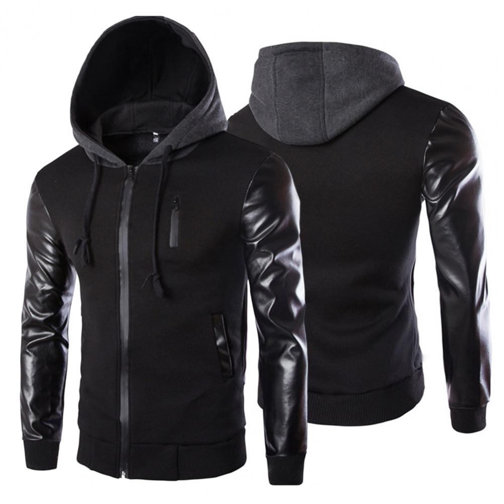 Men Jacket Faux Leather Sleeve Pockets Hoodies Sweatshirts Military Windbreaker Spring Autumn Outerwear свитер оверсайз