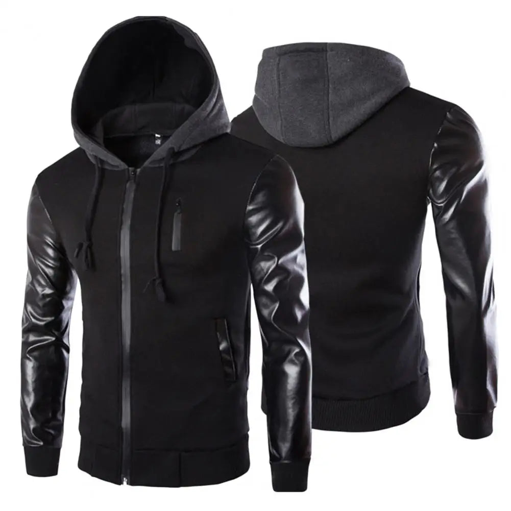 Men Jacket Faux Leather Sleeve Pockets Hoodies Sweatshirts Military Windbreaker Spring Autumn Outerwear свитер оверсайз