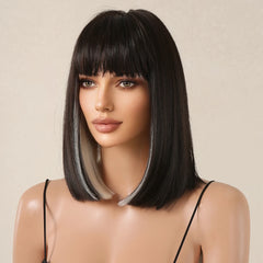 Short Straight Bob Synthetic Wigs for Women White With Black Brown Highlights Cosplay Hair With Bangs Daily Lolita Natural Wigs
