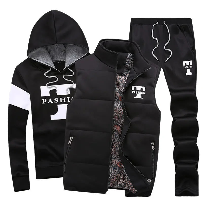3 Pieces Set Hoodies+Vest+Pants Casual Men's Track Suit Clothing Coats Winter Thick Warm Tracksuit for Men Printed Mens Set Vest