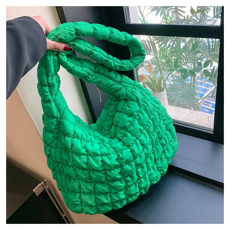 Women Fashion Crossbody Bag Large Capacity Puffy Nylon Casual Handbag Lightweight Quilted Padded Double Zipper Hobo Shoulder Bag