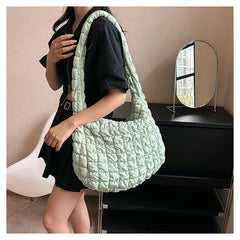 Women Fashion Crossbody Bag Large Capacity Puffy Nylon Casual Handbag Lightweight Quilted Padded Double Zipper Hobo Shoulder Bag