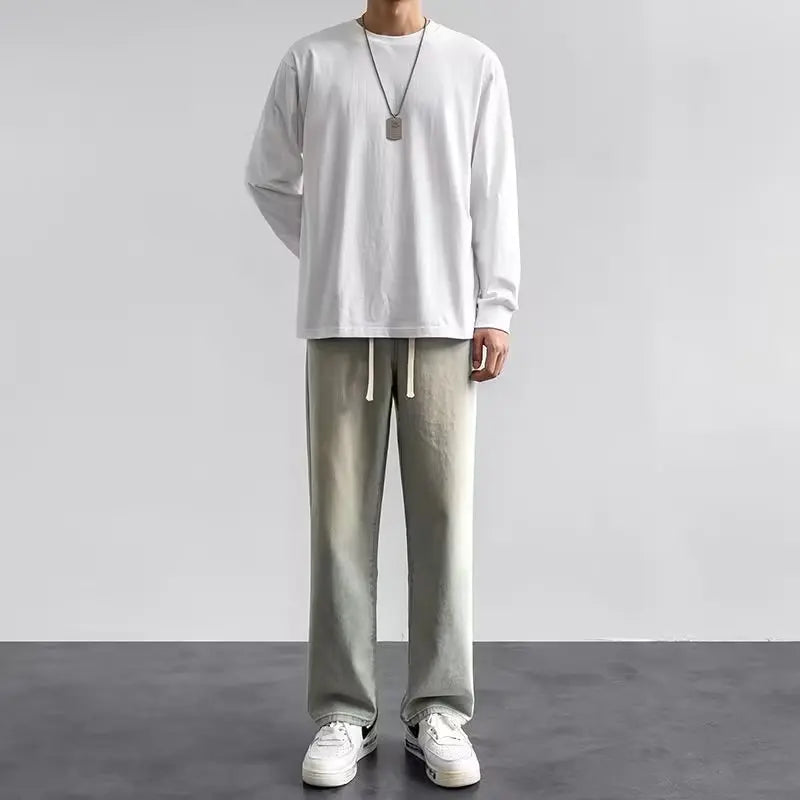 2023 New Korean Men's Casual Long Jeans Classic Man Straight Denim Wide-leg Pants Solid Color Light Blue Grey Black 3XL